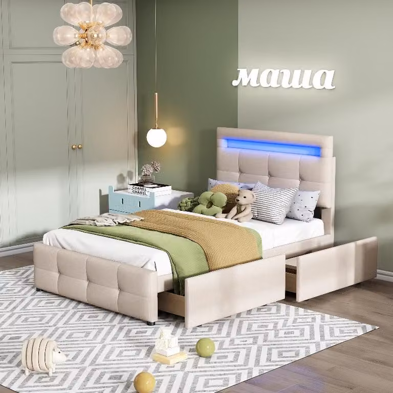 Letto imbottito 90x200 cm con illuminazione a LED e 2 cassetti, letto singolo con poggiatesta regolabile in altezza e imbottitura in lino color beige