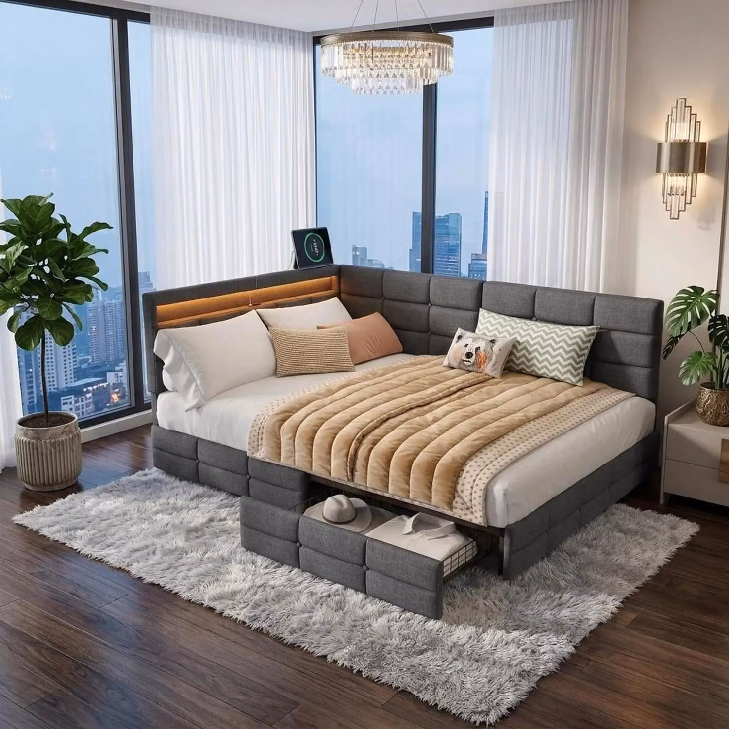 Letto imbottito INONEFT 140x190 cm con LED e USB, divano letto multifunzione con rete a doghe/vano contenitore, letto matrimoniale con contenitore e 2 cassetti, tessuto in lino, colore grigio
