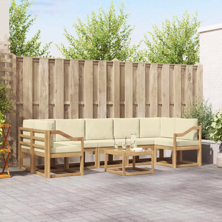Set di divani da esterno vidaXL a forma di L in legno di acacia con cuscini beige e marroni, 6 pezzi