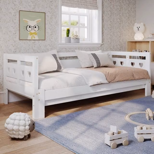 Letto estraibile 90 × 190 cm con secondo letto, struttura a cuore, senza materasso, legno bianco