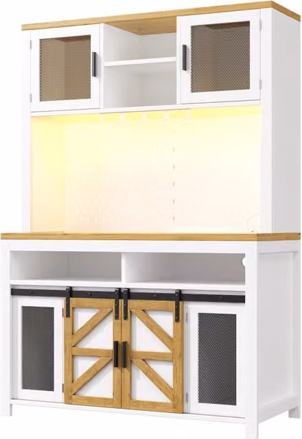 Credenza Chicfurn moderna per cucina e soggiorno con ante scorrevoli e battenti, luce multicolore integrata e prese USB, bianca, L/P/H: 120 x 40 x 174.5 cm