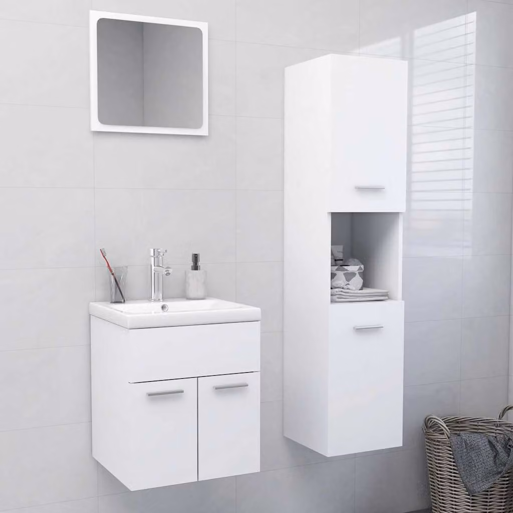 Set Mobili da Bagno Moderno vidaXL Bianco Lucido con Mobile Lavabo, Armadietto Alto e Specchiera, L/P/H: 130 x 41 x 38,5 cm