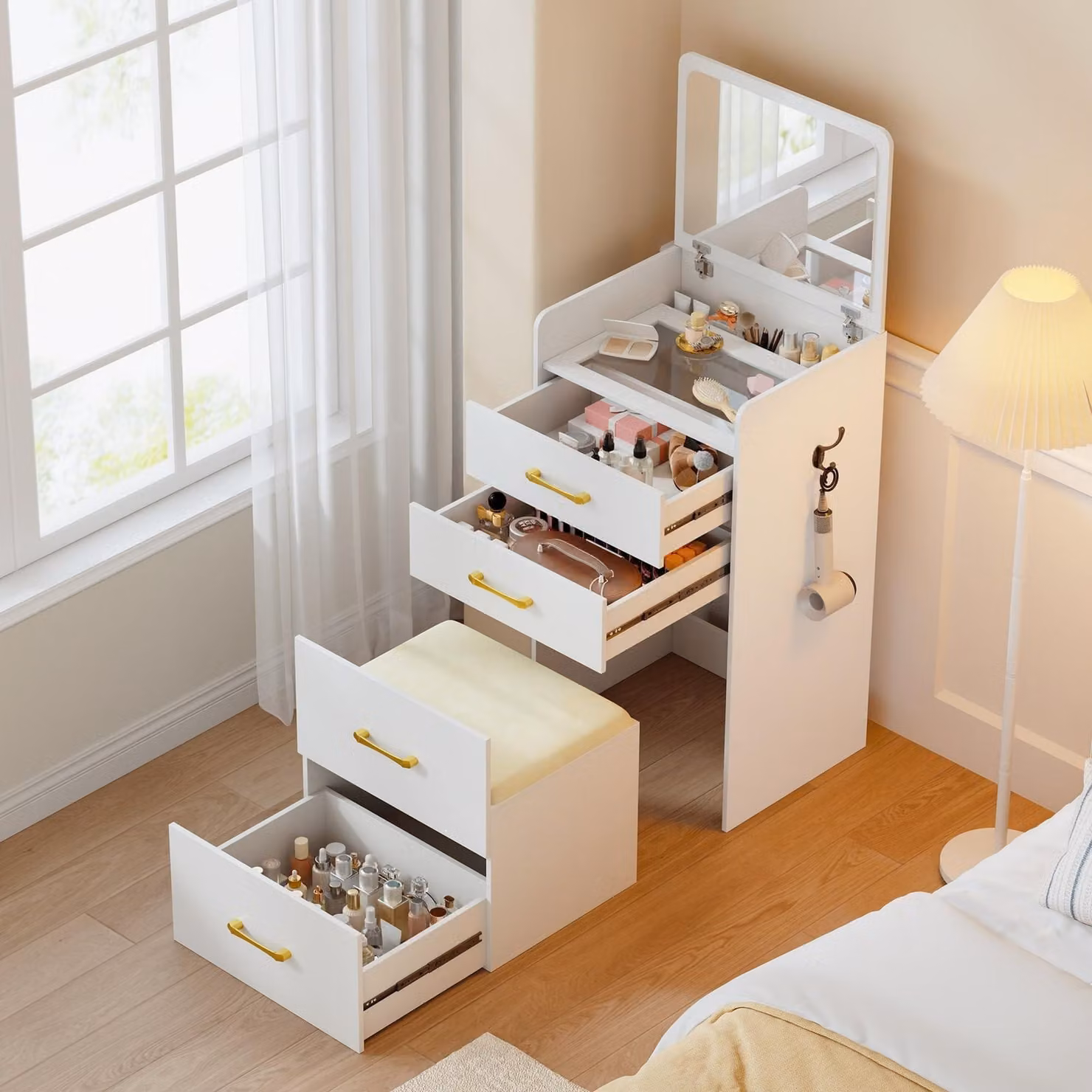 Omgoods - Tavolino da trucco angolare con specchio e spazio contenitore