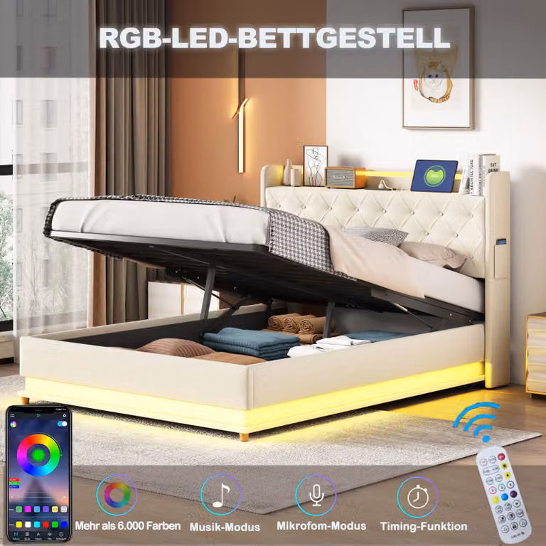 Letto imbottito Okwish, letto matrimoniale 140x200 cm con LED e USB, letto boxspring idraulico con contenitore, rete a doghe e struttura in metallo, biancheria (senza materasso) - beige
