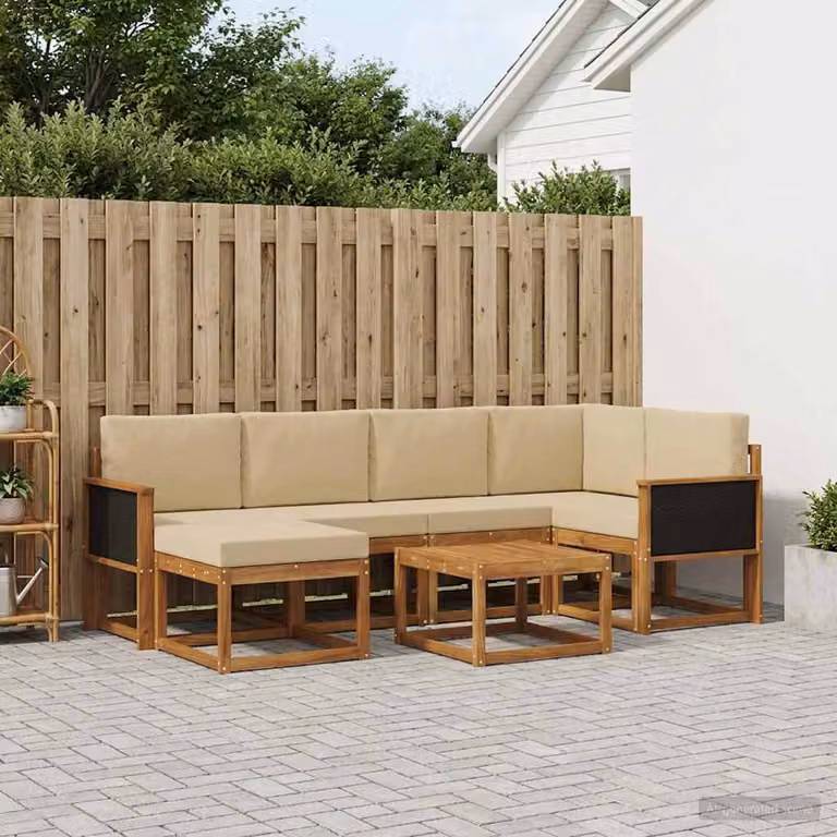 Set di divani da esterno vidaXL 7 pezzi in legno di acacia con cuscini, colore beige e marrone, design moderno a forma di L con tavolino e pouf