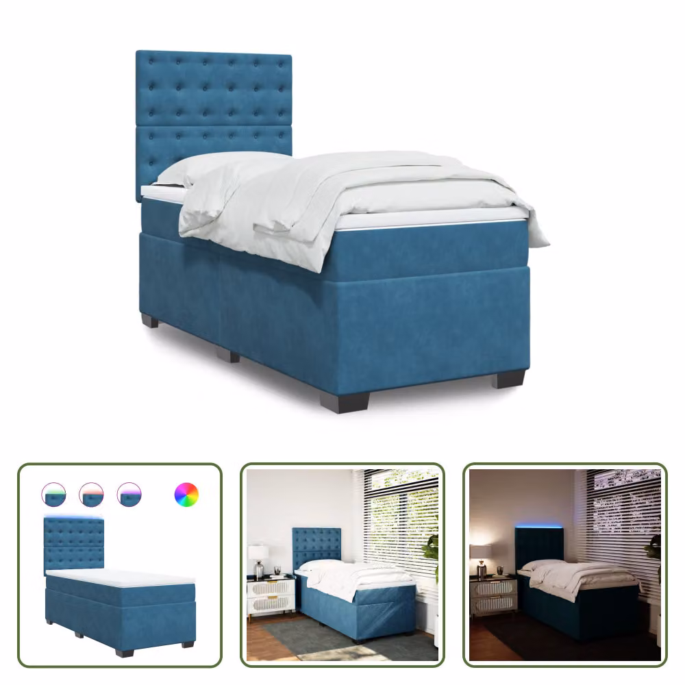 The Living Store Letto a molle con materasso blu 100x200 cm in velluto