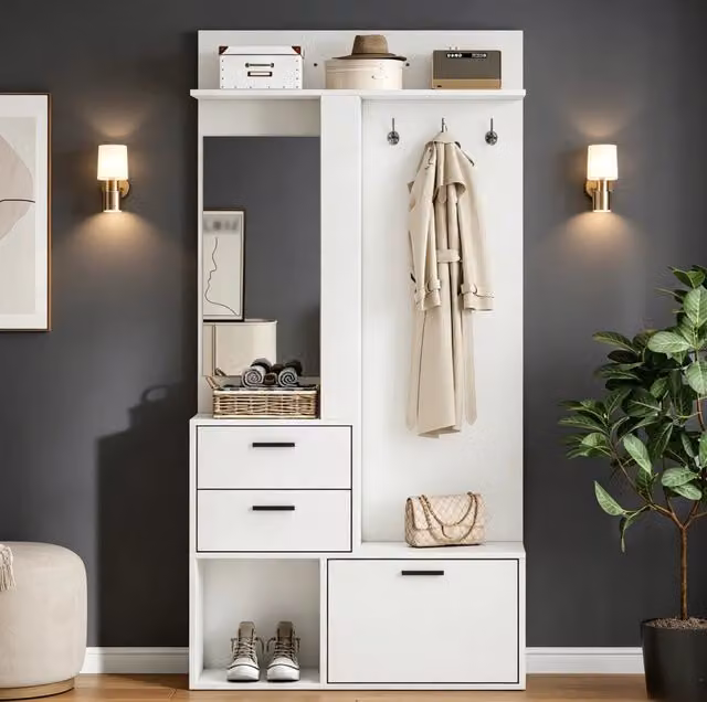 Garderoba 90x30x180 cm con specchio; ripiani pieghevoli e ganci in MDF bianco