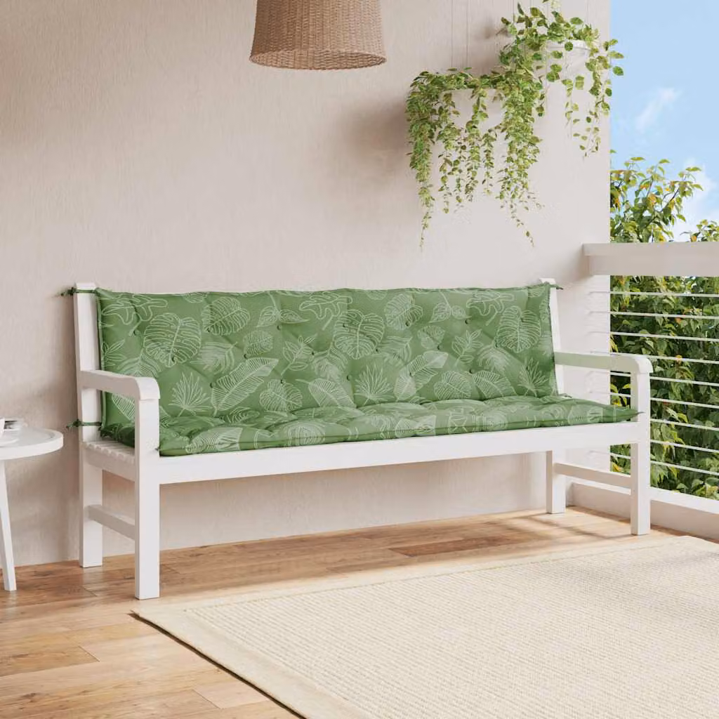 Set di 2 cuscini per panca da giardino vidaXL con motivo a foglie, colore verde, in tessuto resistente all'acqua e ai raggi UV, L 200 cm x P 50 cm x H 7 cm