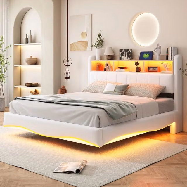 Letto Contenitore Imbottito con LED ¨C MINIMAL ¨C Tessuto Beige 160x200