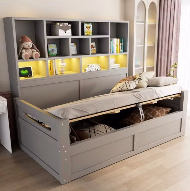 Divano letto in legno grigio 90 x 200 cm con spazio multifunzione, illuminazione LED e vano idraulico