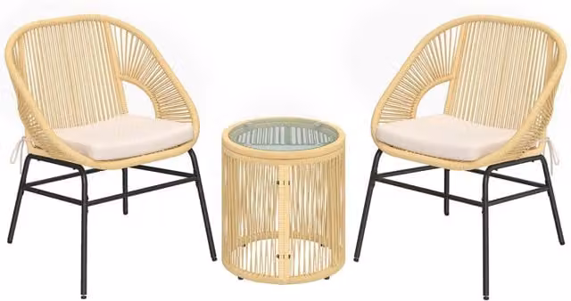 Set 3 Pezzi da Pranzo Bistrò con 2 Sedie Tavolo Rotondo con Piano in Vetro Temperato in Rattan e Acciaio Beige