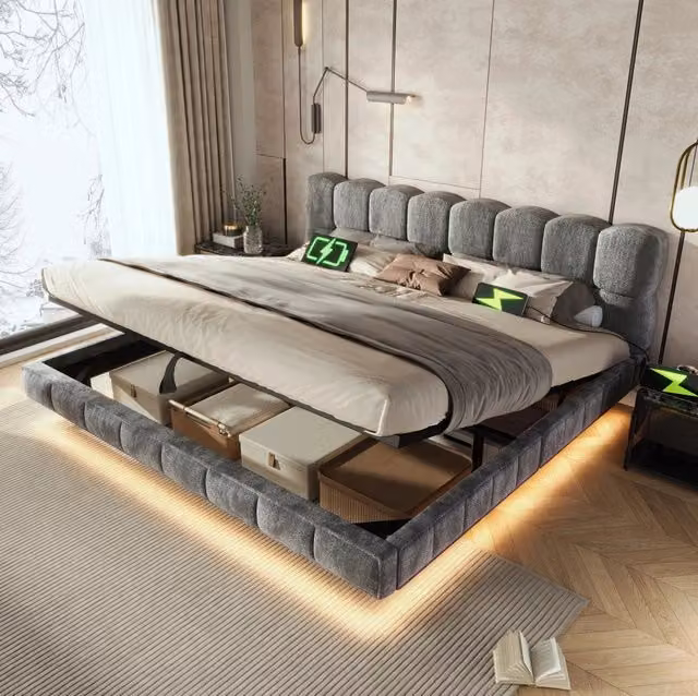 Letto matrimoniale contenitore 180x200 cm in ciniglia grigia con LED e porte USB/Type-C