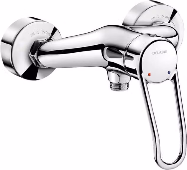 Miscelatore monocomando per doccia Delabie, maniglia ad arco, attacchi STOP/CHECK
