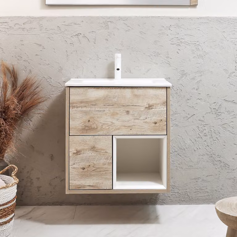 Mobile Bagno Sospeso con Ripiano Aperto in Rovere Chiaro da 612mm con Lavabo Bianco (Chalk) - Hoxton