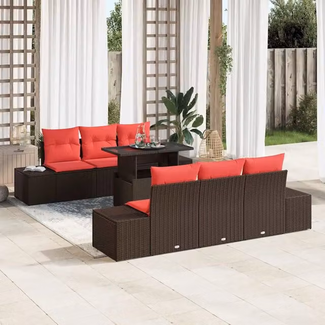 Set Divano da Giardino 7 pz 6-Numero di posti Marrone e Rosso 3357847