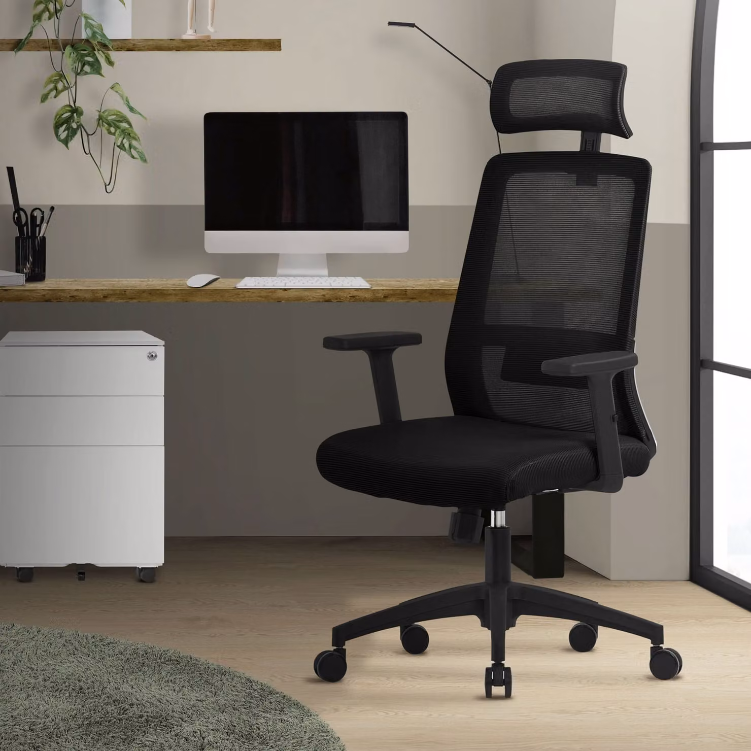 Sedia da ufficio ergonomica ML-Design, nera, in rete, con poggiatesta regolabile