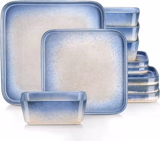 Set di servizio quadrato - Ceramico - Neve - 4 piatti grandi - 4 piatti piccoli - 4 ciotole - 12 pezzi - Bianco - Blu