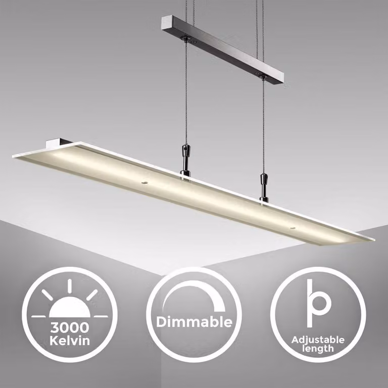 Lampadario LED a sospensione, luce dimmerabile, lampada da soffitto regolabile in altezza per cucina, luce calda, metallo color nickel opaco e vetro, 1 luce LED integrata 20W I 230V I IP20