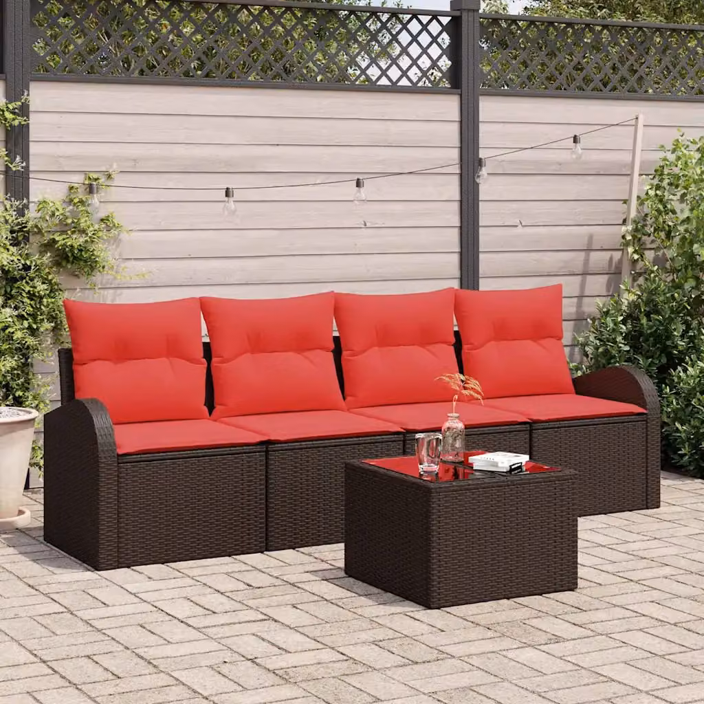 Set Divano da Giardino vidaXL 5 Pezzi con Tavolino, Beige e Rosso, Struttura in Acciaio e Cuscini Inclusi