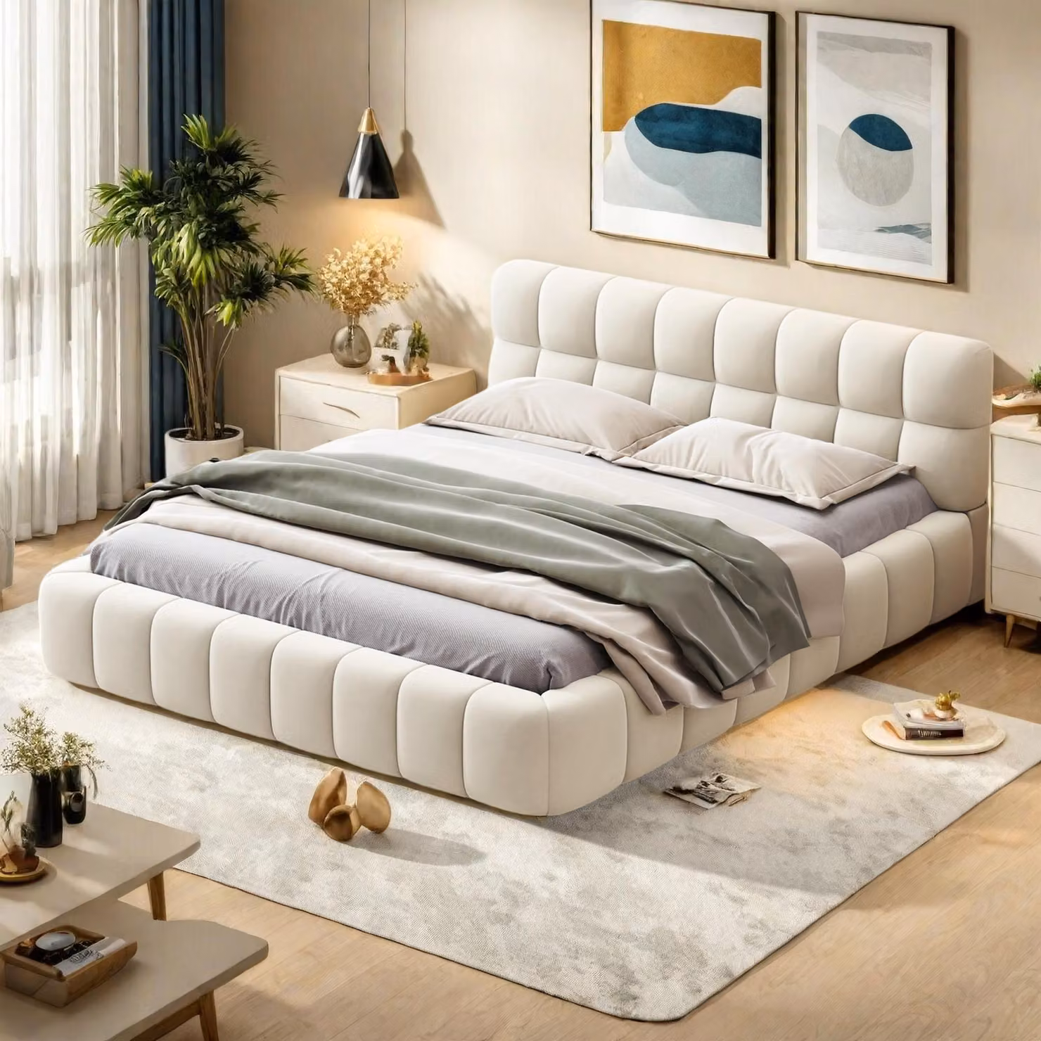 Letto imbottito 140 x 200 cm, letto per ragazzi, letto matrimoniale con schienale morbido e bordo imbottito, rete a doghe di lino beige (materasso non incluso)