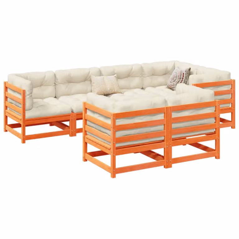Set di divani da giardino vidaXL in legno massello di pino con cuscini marrone e beige, composizione a L con elementi angolari e divani a 2 posti