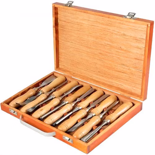 Set di 12 scalpelli per tornitura e intaglio del legno VEVOR con manici in legno marrone e lame in acciaio al cromo vanadio