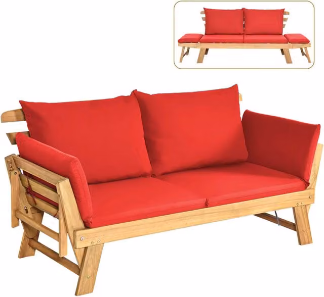 Divano Letto 2 Posti da Esterno in Legno di Acacia con Braccioli Regolabili, Sdraio da Giardino con Cuscini, Chaise longue Pieghevole per Giardino, Piscina, Cortile (Rosso)