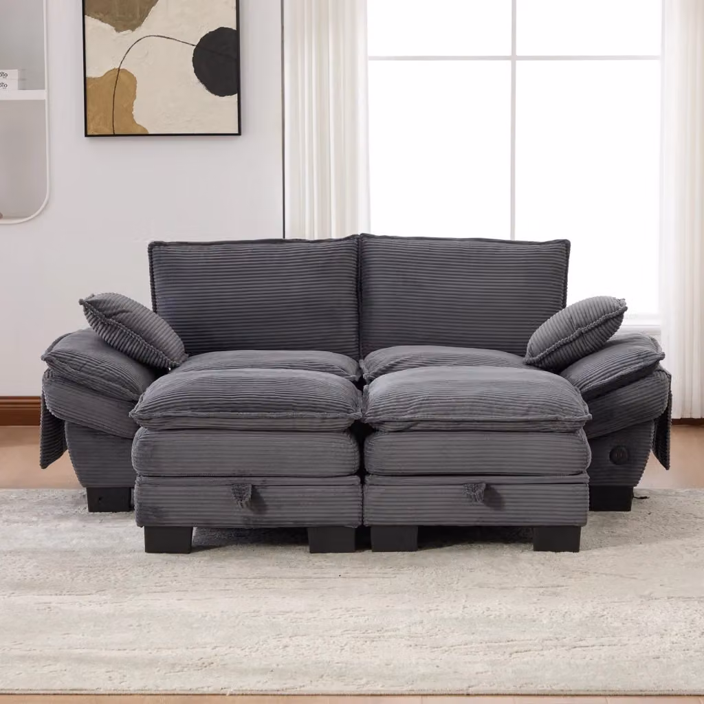 Divano angolare MIVRAY in velluto a coste grigio con pouf coordinato e ricarica USB-C L/P/H: 190 x 132 x 84 cm – 2
