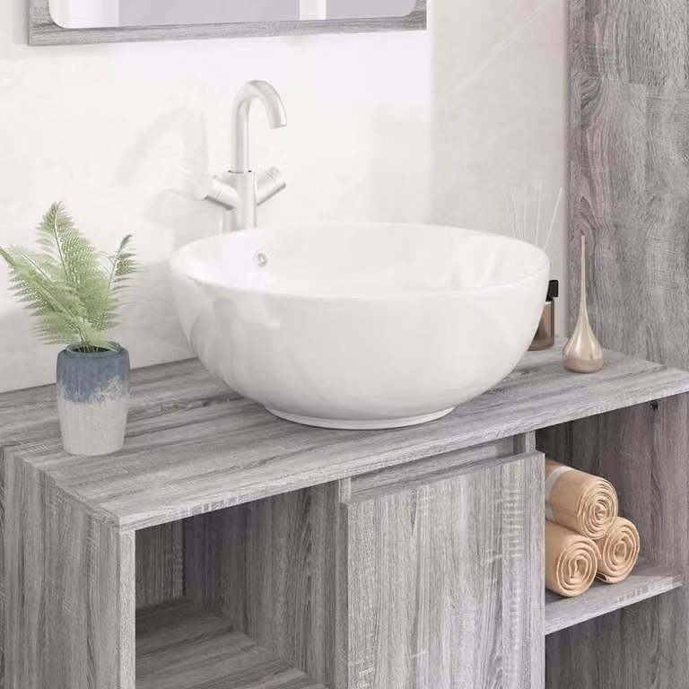 Lavandino rotondo da appoggio vidaXL in ceramica bianca con troppo pieno, L: 44 cm, P: 44 cm, H: 17 cm