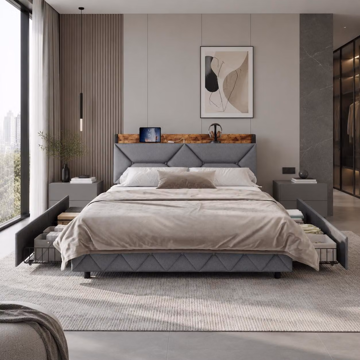 Letto matrimoniale in metallo imbottito, 160x200 cm, con 4 cassetti, letto per ragazzi con funzione di ricarica USB, struttura del letto con testiera e spazio contenitivo nascosto, colore grigio lino