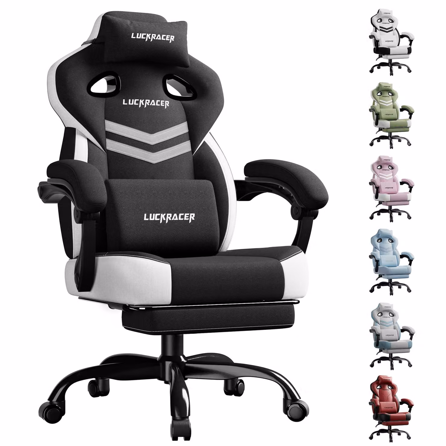 LUCKRACER sedia da gioco, sedia da ufficio con braccioli collegati, cuscino in memory foam, angolo di inclinazione di 90-155° e poggiapiedi, tessuto funzionale e resistente