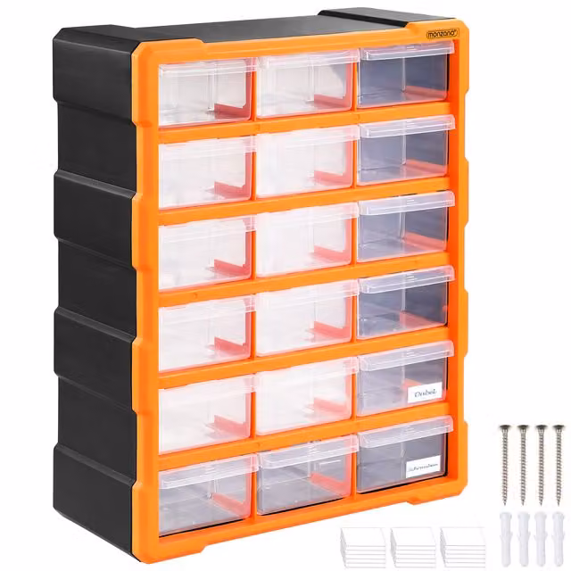 Porta minuterie Monzana con 18 cassetti in plastica, disponibile in arancione, grigio o trasparente, L: 47,5 cm, P: 38 cm, H: 16 cm – 1