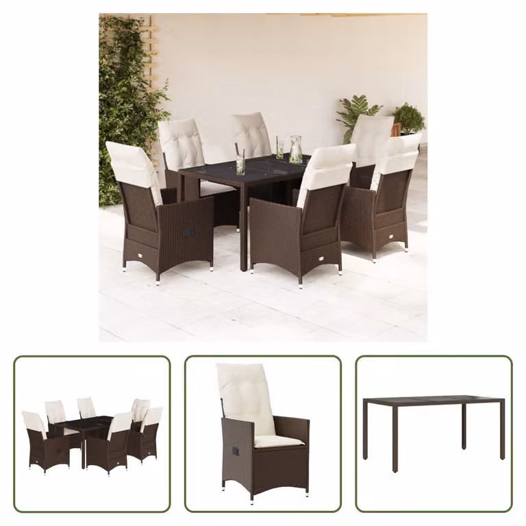 The Living Store Set da pranzo da giardino 7 pezzi con cuscini in polirattan marrone