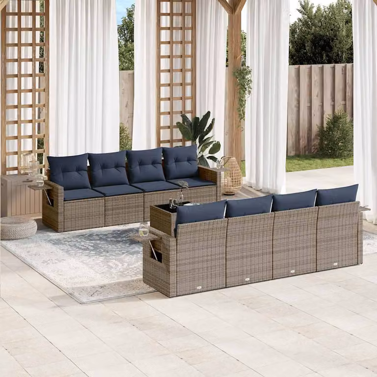 Set di divani da giardino vidaXL in polyrattan 9 pezzi con cuscini e tavolino da esterno, colore grigio e blu, design moderno a L con struttura in metallo e coperture rimovibili