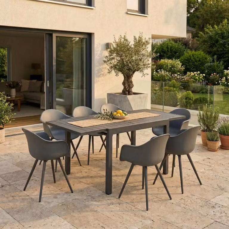 Milani Home - Set tavolo in alluminio cm 90/180 x 90 x 75 h con 8 poltrone da giardino per esterno colore taupe - Taupe