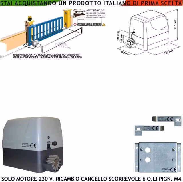 Motoriduttore Securvera 230 V per Cancello Scorrevole da 6 Q.li con Accessori di Fissaggio, Colore Nero