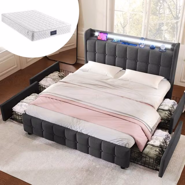 Letto matrimoniale imbottito ULEVR 140x200 cm con materasso, 4 cassetti, LED, prese USB e rete a doghe, grigio