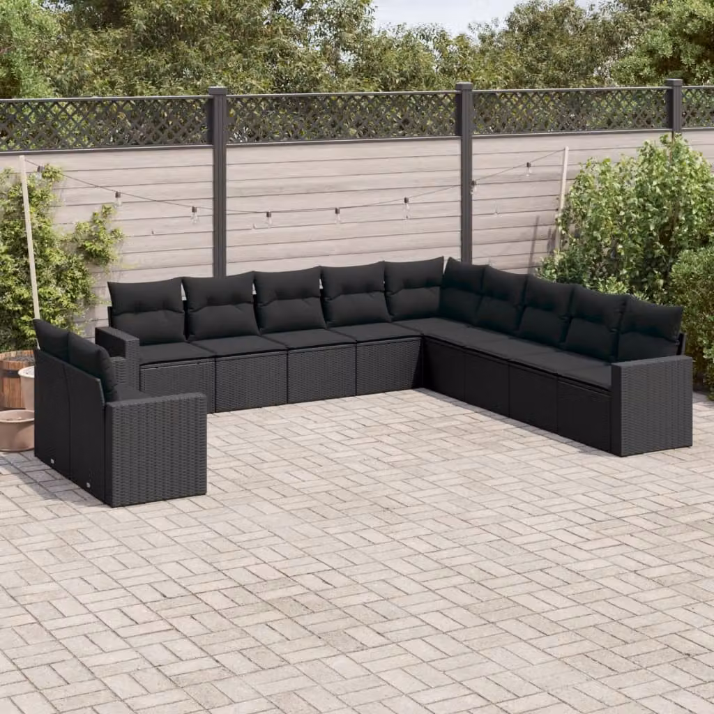 vidaXL Set Divani da Giardino 11 pz in Polyrattan Nero con Cuscini Imbottiti e Rivestimenti Rimovibili – 1