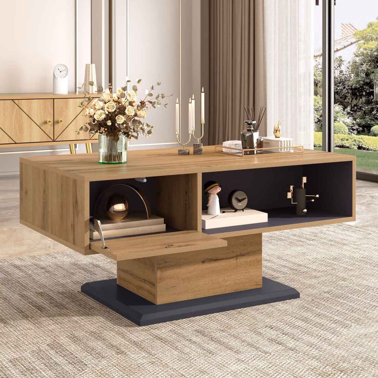 Tavolino moderno Merax con vano portaoggetti bifacciale, tavolo da soggiorno minimalista con ampio vano portaoggetti aperto, vano interno, rovere