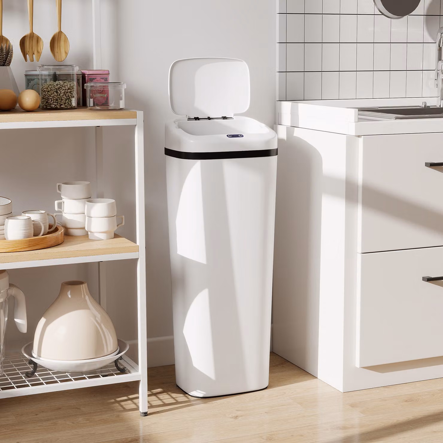 Pattumiera con sensore a infrarossi HOMCOM da 50L con 2 modalità di apertura e superficie anti-impronte, bianco – 2