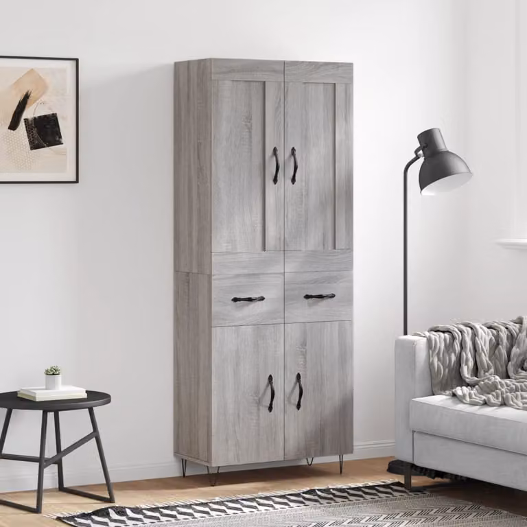Credenza moderna vidaXL in legno multistrato e metallo, colore Grigio Sonoma, L: 69,5 cm, P: 34 cm, H: 180 cm