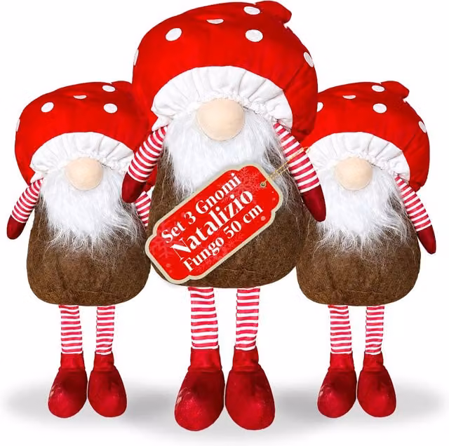Gnomo Natalizio a Fungo con Barba Saint Joy, Ornamento Decorativo da Tavola Rosso e Bianco, Altezza: 50 cm