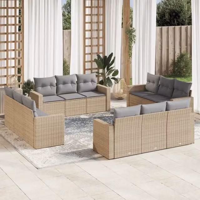 vidaXL Set di Divani da Giardino a Forma di U in Polyrattan con Cuscini Beige e Grigio – 1
