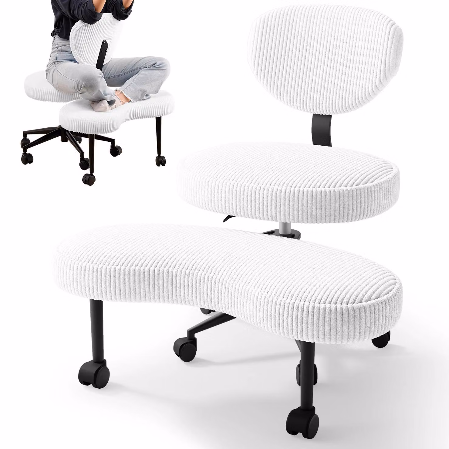 Sedia da ufficio ergonomica: gambe incrociate, schienale reclinabile, regolabile in altezza, imbottita, con rotelle, rivestita in tessuto cord bianco