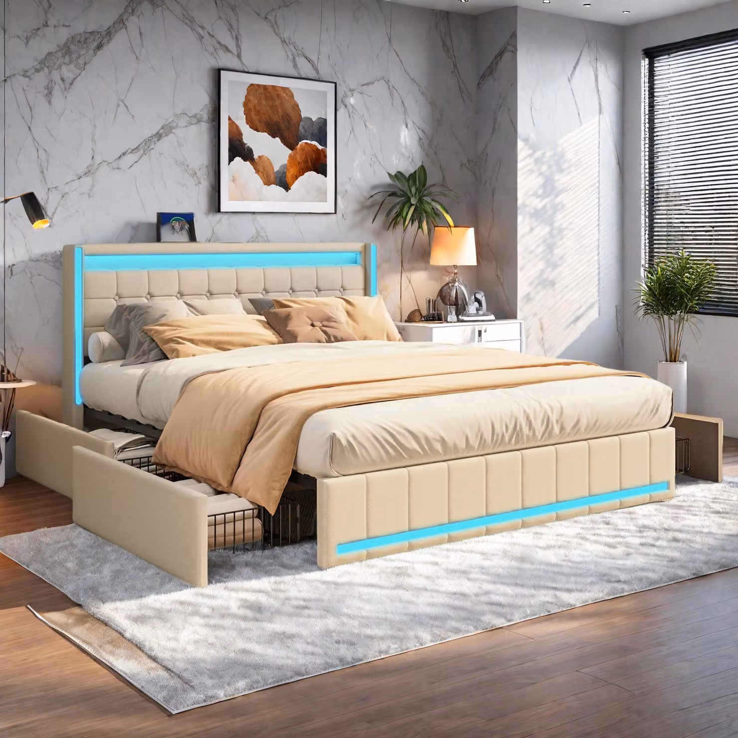 Letto imbottito Fortuna Lai letto matrimoniale 140x200 con testata a LED e porta USB, letto contenitore con 4 cassetti, rete con doghe e giroletto, lino, beige