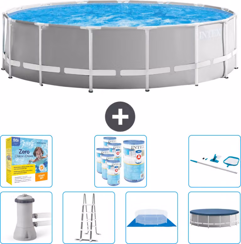 Piscina Intex Round Prism Frame - 457 x 122 cm - Grigio - inclusa pompa - scaletta - telo di fondo - pacchetto di manutenzione della copertura - filtro - kit di pulizia
