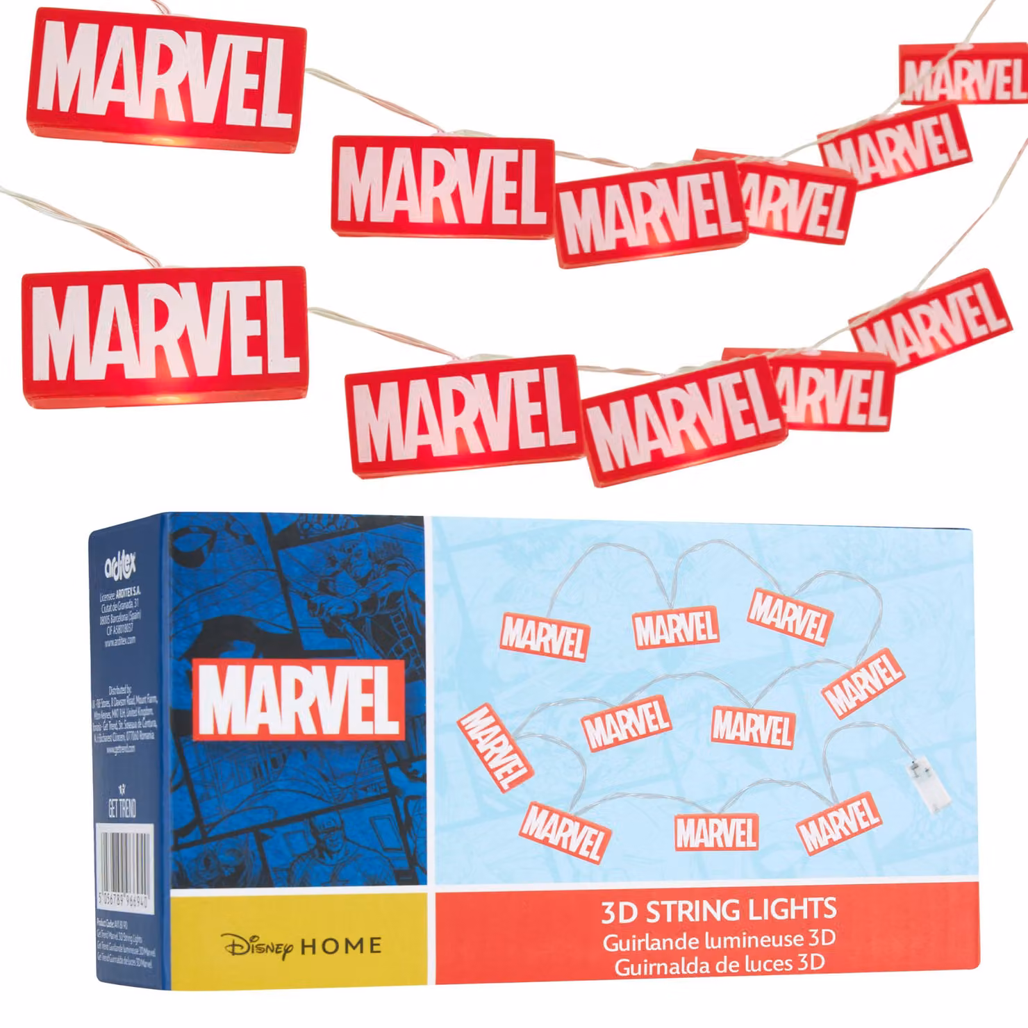 Catena luminosa LED 3D a tema Marvel, con 10 LED, alimentata a batteria, multicolore