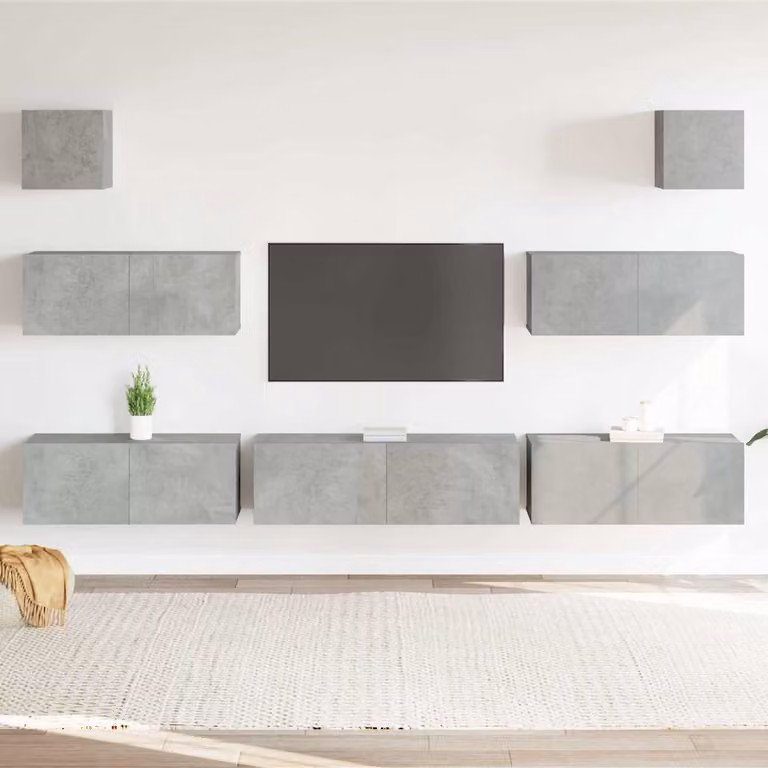 Set di Mobili Porta TV vidaXL 7 Pezzi Moderno Grigio in Legno e MDF a Parete
