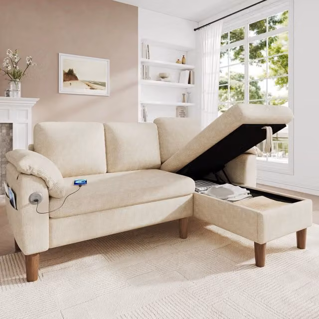 Divano angolare 181x125 cm beige in ciniglia, chaise longue reversibile