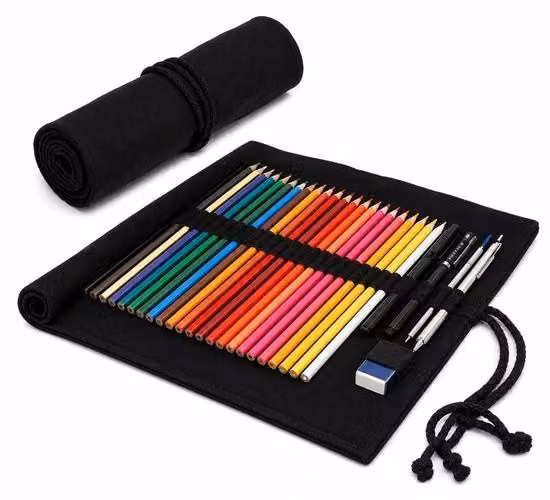 VHV - Custodia per matite e pennelli con 36 scomparti - Custodia in tela per matite e pennelli - Nera - Ideale per scuola e studio